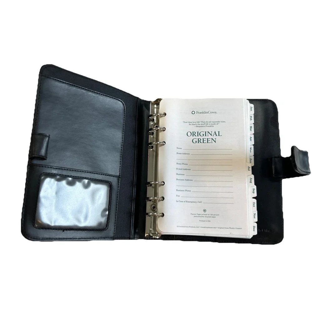 Franklin Covey Original Green 6 Ring Planner / Address Book 2010/11 Black Fabric